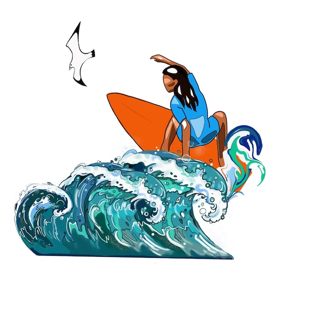 Una niña monta las olas en una tabla de surf