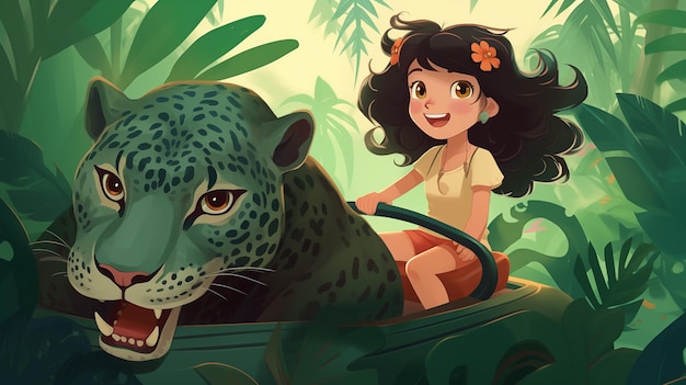 Niña montada en lo alto de un jaguar en la ilustración infantil del bosque