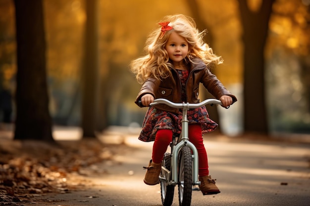 Niña montando bicicleta al aire libre en el parque de la ciudad