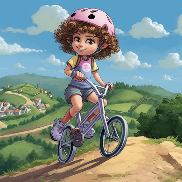 Foto una niña montando en bicicleta en una colina con una pintura de una niña en su camiseta.