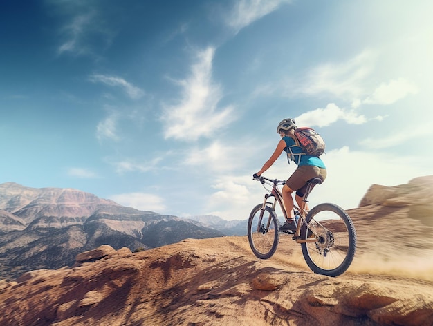 Una niña montando en bicicleta de montaña fotografía deportiva generada por IA