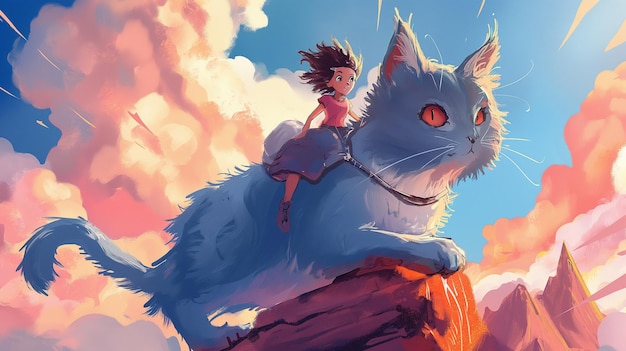 Niña montando un gato gigante Ilustración infantil