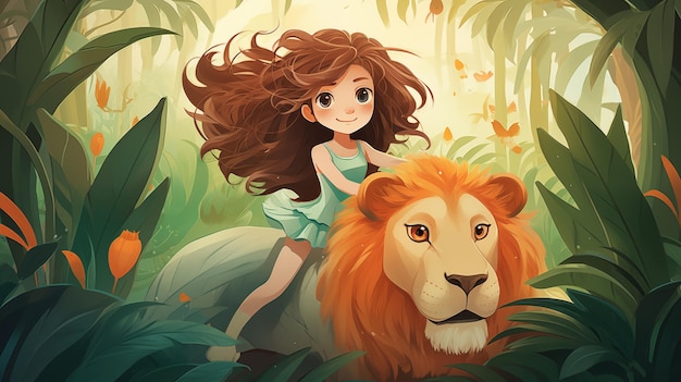 Niña montando un león en el bosque Ilustración infantil