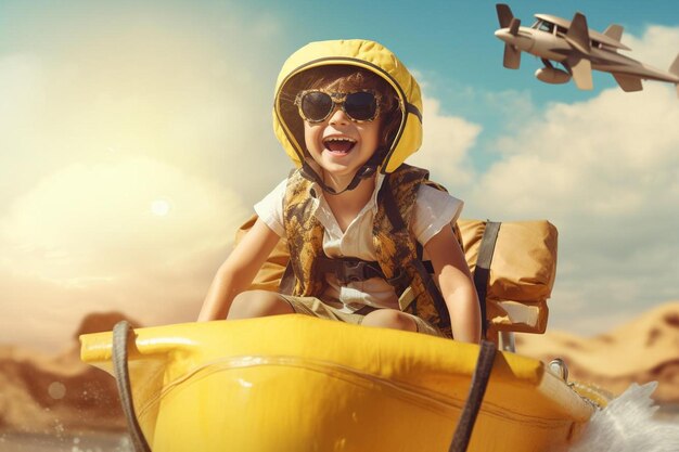 Foto una niña montando en la parte superior de un barco amarillo