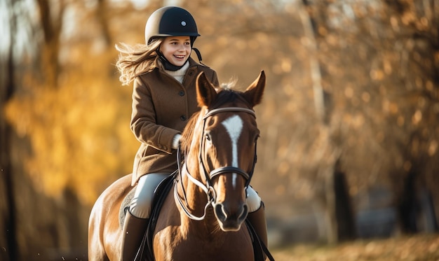 La niña montó su majestuoso caballo a través de los prados abiertos, el viento alborotó su diseño de cabello.