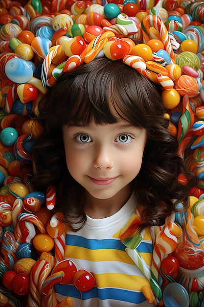 una niña con un montón de dulces en la cabeza