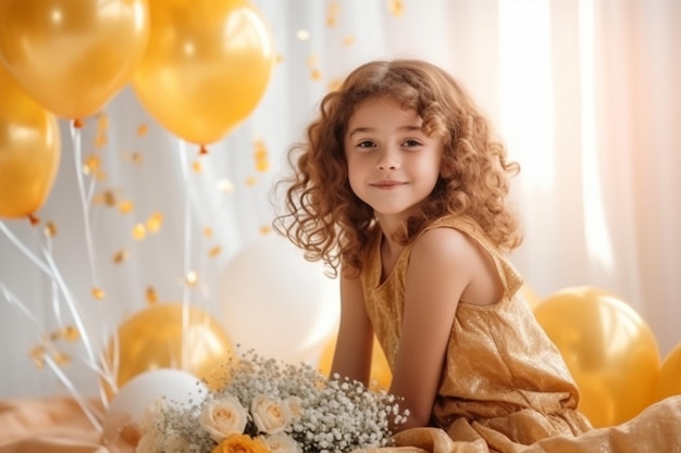 Una niña con un montón de globos en el suelo.