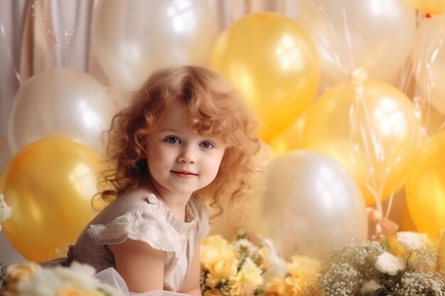 Una niña con un montón de globos.