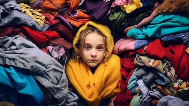 Niña en un montón de ropa El problema del consumo excesivo