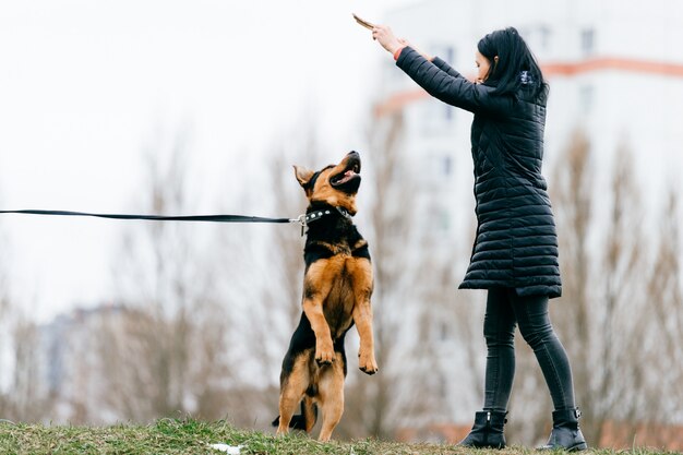 Niña morena jugando con perro al aire libre