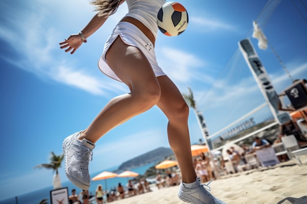 Foto niña en movimiento jugando al voleibol de playa golpeando la pelota