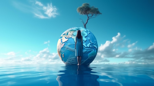 Foto una niña una mujer se encuentra en el agua azul de la tierra cerca del planeta redondo tierra esperanza de salvación