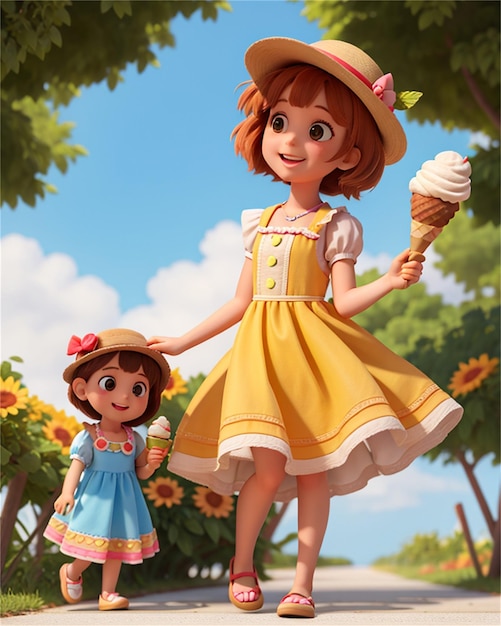 una niña y una muñeca están de pie en el jardín con un cono de helado.