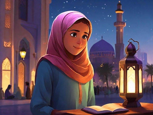 Niña musulmana leyendo el Corán frente a la mezquita Ramadán Kareem fondo