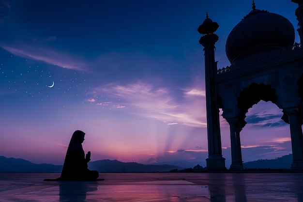 Foto niña musulmana que reza a la luz de la luna