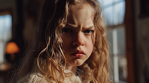 Una niña muy enojada con el cabello rizado