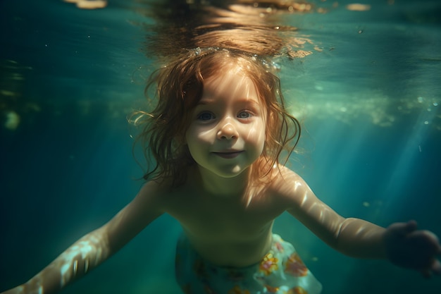 Una niña nadando bajo el agua con el sol brillando en su rostro.