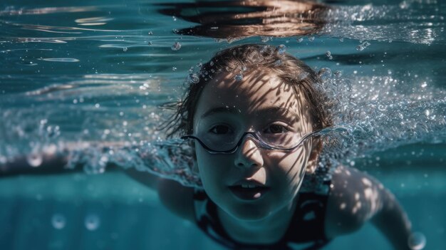 una niña nadando en el agua con el sol brillando en su rostro.