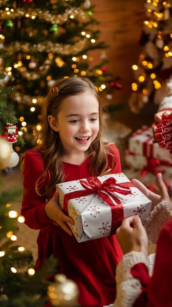 Niña en Navidad con caja de regalos junto al árbol de Navidad