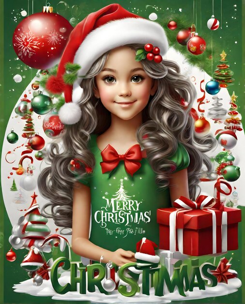 Foto niña de navidad personaje 3d con vestido de navidad salpicaduras coloridas fondo de decoración