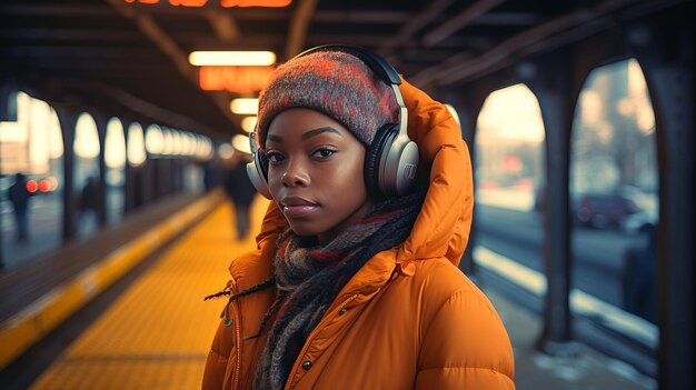 Niña negra con auriculares en las calles de Nueva York en invierno Joven estudiante escucha música en la ciudad