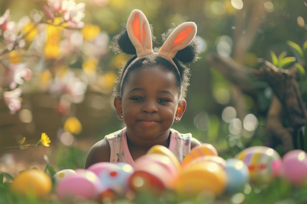 Foto una niña negra caza huevos de pascua en el jardín con orejas de conejo