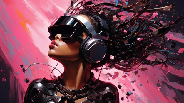 Niña negra de dibujos animados con auriculares disfrutando de la realidad virtual sobre un fondo rosa