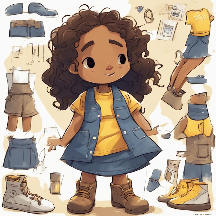 Foto una niña negra con una ilustración de tela amarilla y azul