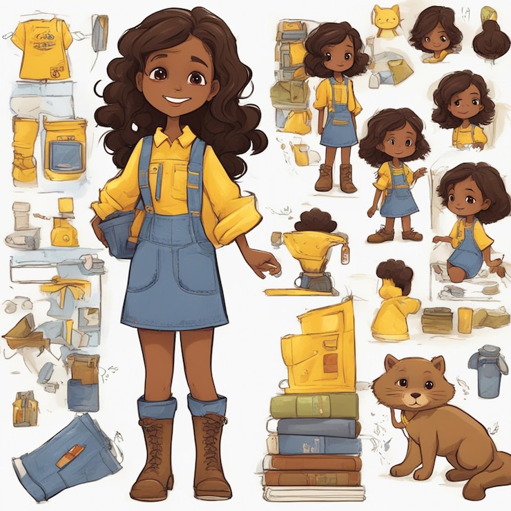 Foto una niña negra con una ilustración de tela amarilla y azul