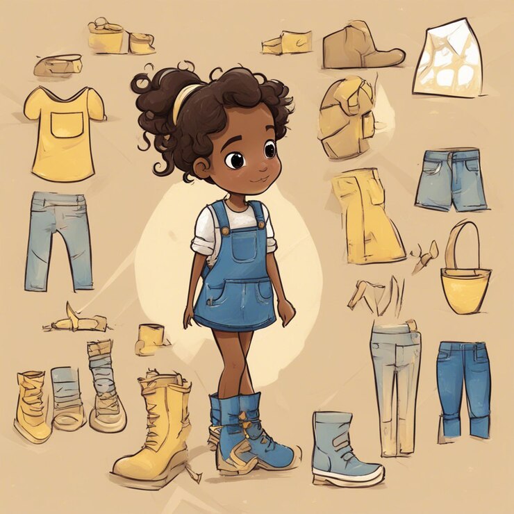 Foto una niña negra con una ilustración de tela amarilla y azul