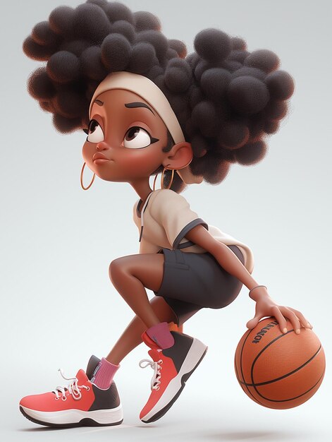 Foto niña negra jugando al baloncesto personaje de dibujos animados en 3d