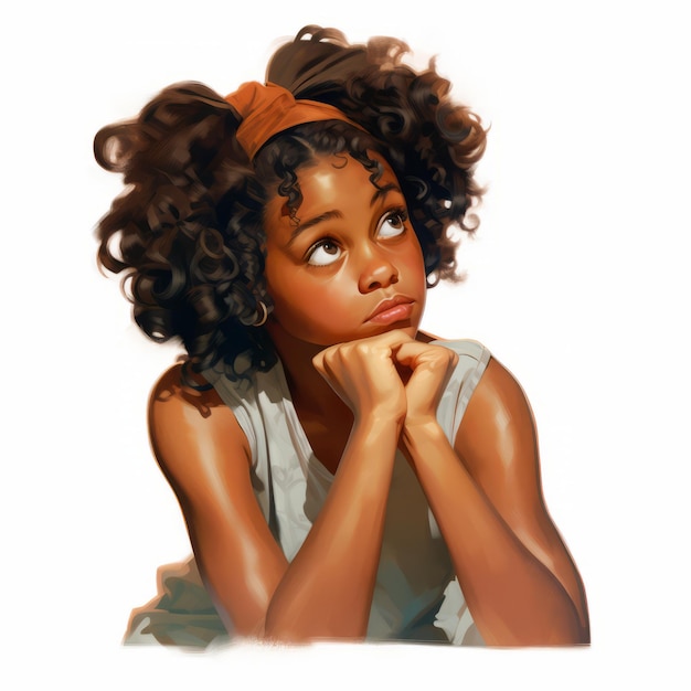 Niña negra en el pensamiento y las dudas representan una ilustración fotorrealista Personaje femenino con rostro soñador en un fondo abstracto Ai generó un cartel brillante realista