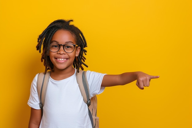 Niña negra sonriendo mirando a la cámara camiseta blanca rastas gafas alumno