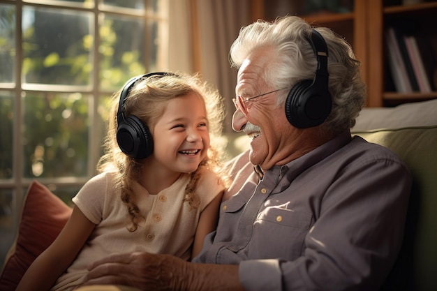 Niña, nieta y abuelo disfrutando juntos escuchando música con auriculares en casa Concepto de familia y bienestar