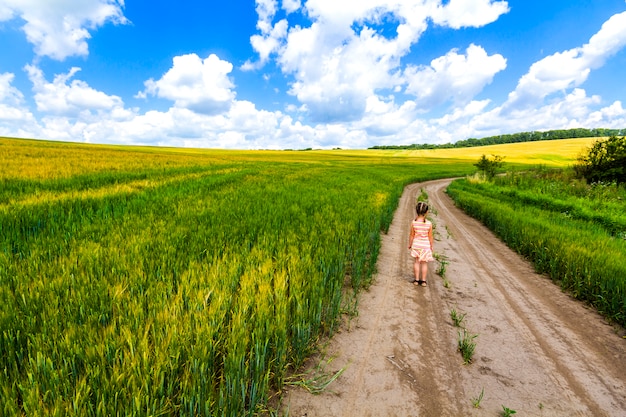 Niña niño caminando solo en camino de tierra de verano en campo de cultivo verde.