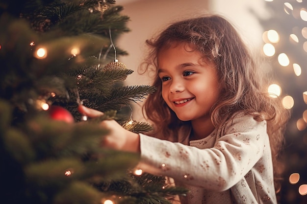 Niña niño decorando árbol de Navidad Tiempo mágico