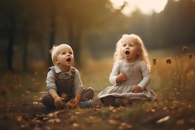 Una niña y un niño están sentados en el suelo mirando al cielo.