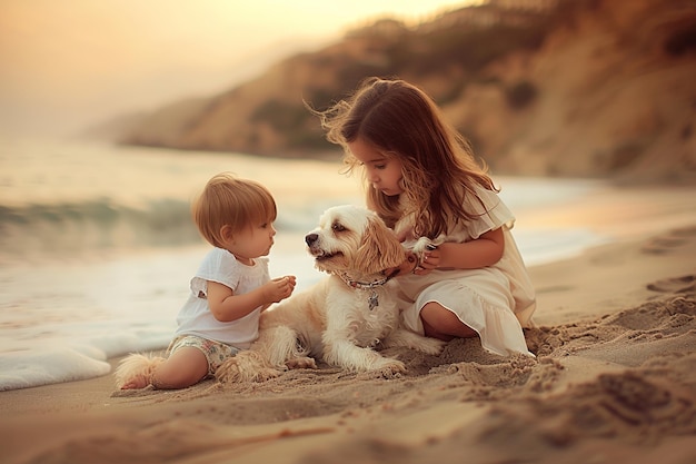 Una niña y un niño juegan con un perro en la playa.