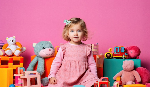 Niña niño jugando en colorido estudio rosa