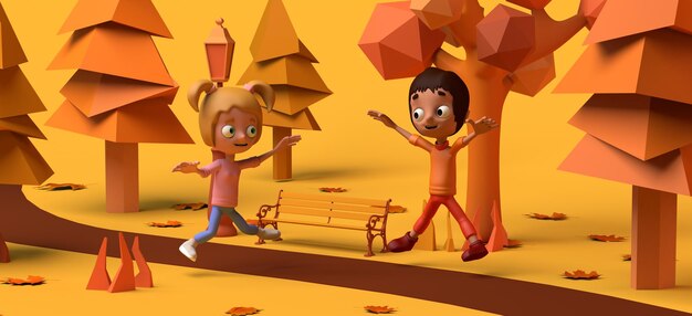 Niña y niño saltando de alegría en un parque Copia espacio Ilustración 3D Dibujos animados