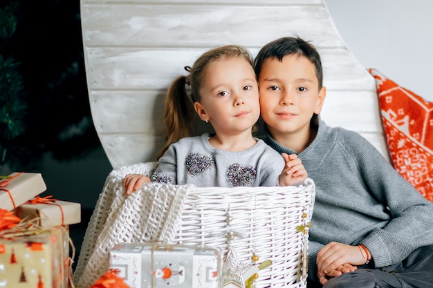 Niña y niño sentado en la cesta decorada bajo el año nuevo