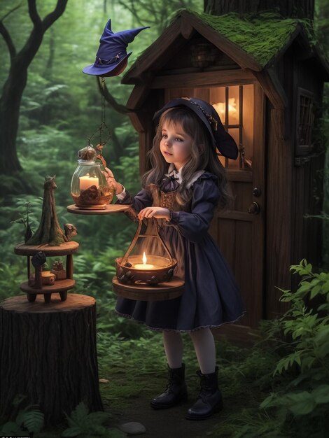 Niña de noche Una casa fabulosa La niña sostiene una vieja linterna y un osito de juguete Sto para niños