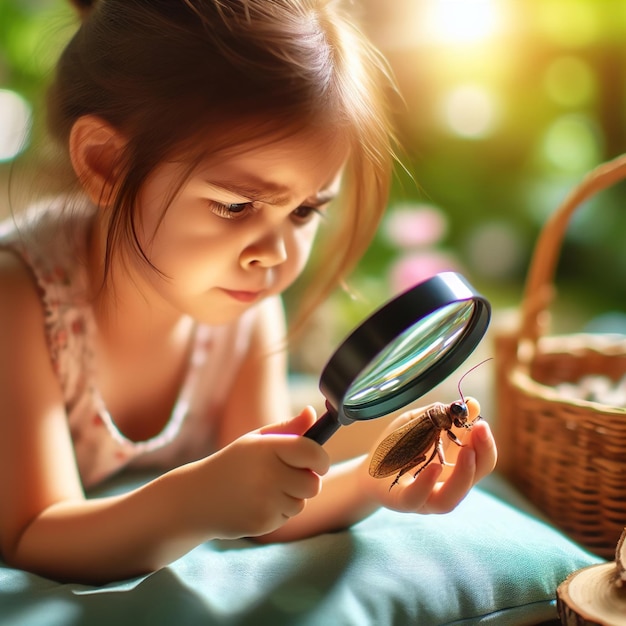 La niña observa usando una lupa