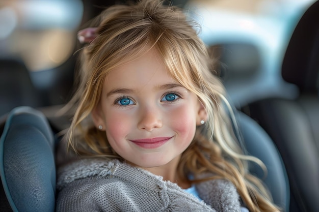 Niña con ojos azules en el asiento del coche