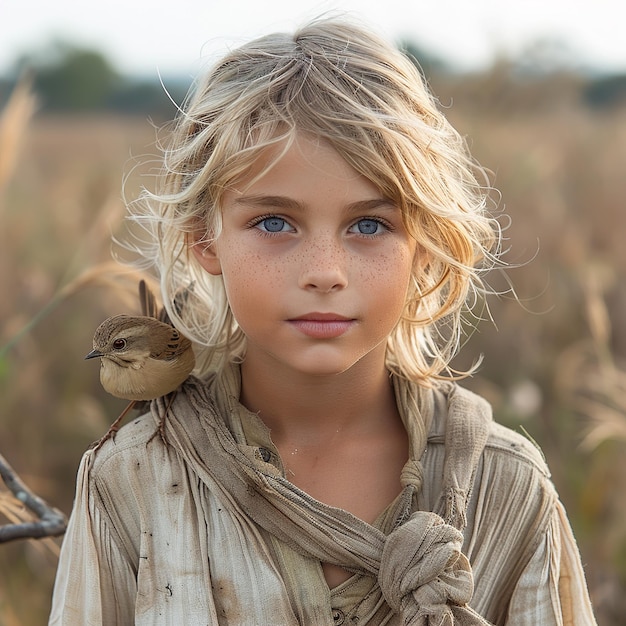 una niña con ojos azules y una bufanda alrededor del cuello