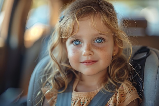 Niña con ojos azules en el coche