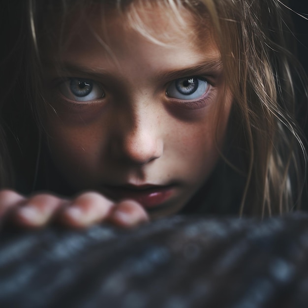 Una niña con ojos azules mirando a la cámara.