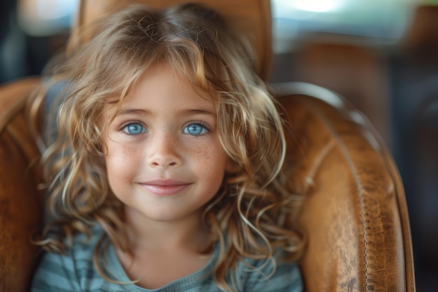 Niña con ojos azules sentada en una silla