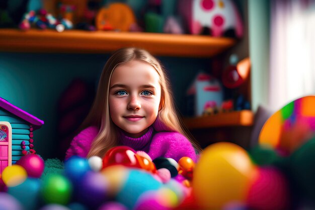 Una niña con ojos azules se sienta en un montón de bolas de colores.