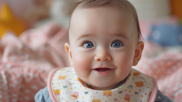 niña con ojos azules sobre un fondo rosa